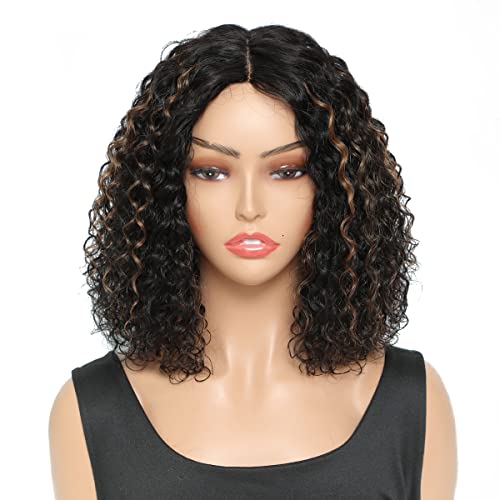 Fine Plus Highlight 1b/30 Curly Wigs for Black Women 150% Density Short Curly Wigs for Women Glueless Wigs with Middle Part Lace Ombre Colored 100% Real Human Hair 12 Inch