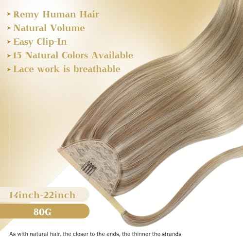 Ve Sunny Ponytail Extension Real Human Hair for Women Clip in Ponytail Hair Extension Straight Hair Pieces Wrap Around Dark Ash Blonde Highlights Golden Blonde 14inch 80G