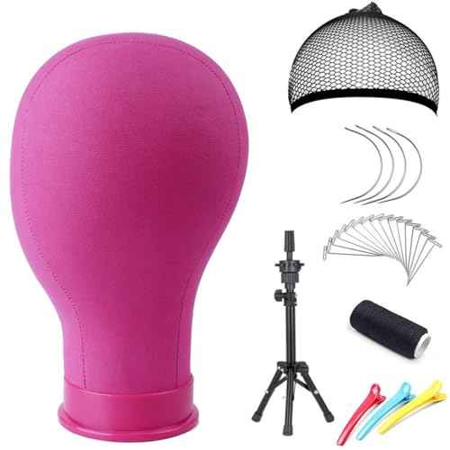22 Inch Canvas Block Head Pink Wig Head with Wig Stand Tripod Mannequin Head Stand for Wigs Trimming Making Display.(22 Inch Pink)