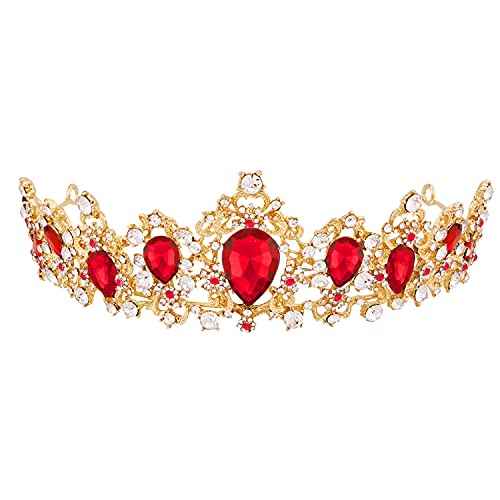Queen of Hearts Costume Women Evil Queen Crown, Scarlet Witch Crown Glinda Princess Belle Evie Tiara Heart Accessories Headpiece Gold Red Ruby Headband for Halloween Sexy Bride Woman Adult