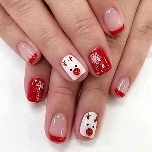Christmas Press on Nails Short French Tip Fake Nails Square Red Acrylic Nails Snowflake Full Cover False Nails with Design Cute Elk Winter Xmas Glue on Nails Nail Art Decorations for Women Girls
