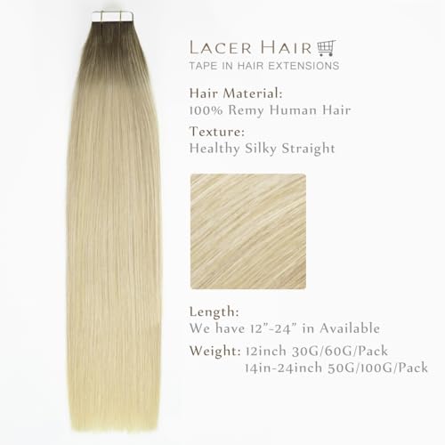 Lacerhair Rooted Tape in Hair Extensions Human Hair Seamless Skin Weft Real Remy Invisible Natural Hair #8G/60A Double Sided Light Platinum Blond with Light Ash Brown Roots 22" 50g