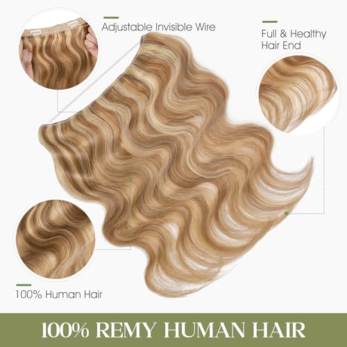 Halo Hair Extensions Real Human Hair Invisible Wire Extensions with Transparent Fish Line Wavy Curly Halo Clip in Human Hairpieces Golden Brown & Bleach Blonde 16 Inch