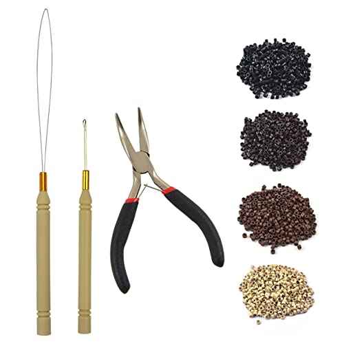 Hair Extensions Tool Kit Black Hair Pliers Pulling Hook Bead Device Tool Kits and 500 Pcs 5 mm Micro Links Rings Beads (Black)