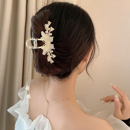 Metal Hair Claw Clips Butterfly Flower Hair Clip 1Pc Large Hair Jaw Claw with Tassel Pearl Design Gold Strong Hold Jaw Clips Rhinestones Butterfly Floral Non-Slip Hair Accessories for Women
