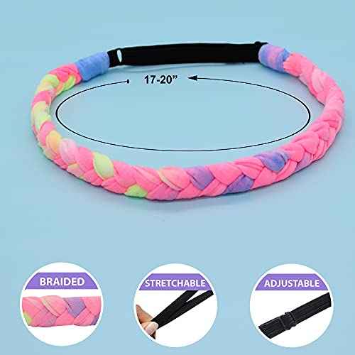 FROG SAC 4 Braided Headbands for Girls, Adjustable Rainbow Tie Dye Braid Head Bands for Kids, Stretch Elastic Cloth Fabric Hairbands Accessories for Women, Teen Easter Basket Fillers Stocking Stuffers