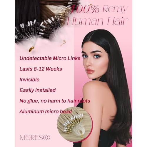 Moresoo Micro Loop Hair Extensions Real Human Hair Ash Blonde with Bleach Blonde Microbead Hair Extensions Human Hair Long Straight 50G/50S 20 Inch