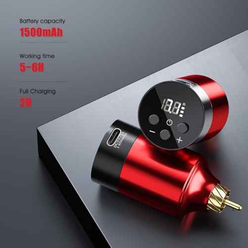Wireless Tattoo Power Supply with 1500mAh LED Display, Cordless Battery Pack, 2H Fast Charge & Overload Protection - Compatible with RCA Tattoo Pens & Rotary Machines (Red)