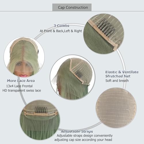 13x4 Free Part Wigs,Bleached Knots Lace Bob Wig Colored Mint Green,Full and Thick Remy Human Hair Wig Pre Plucked with Baby Hair,Straight HD Lace Front Wigs 180% Density(12Inch,Mint Green)