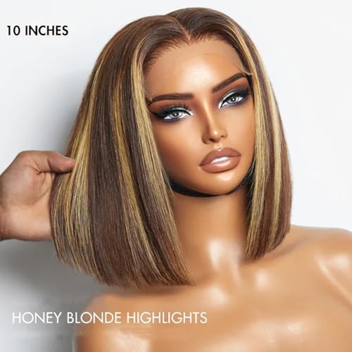 Short Honey Blonde Bob Lace Front Wigs for Black Women highlight wig Human Hair Pre Plucked with Baby Hair Glueless Wear and Go 180% Density 14 Inch