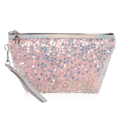 RIAH FASHION Pouch Clutch Organizer Bag - Travel Cosmetic Makeup Toiletry Jewelry Cute Sequin Purse Adjustable Strap (Sequin Glitter Cosmetic Pouch - Pink)
