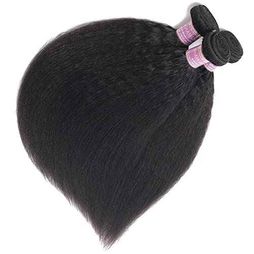 Kinky Straight Human Hair 3Bundles Natural Black Yaki Straigh Brazilian Virgin Remy Hair Grade 10A 100% Unprocessed Kinky Straight Human Hair Extensions (8 10 12 Inch, 3 Bundles)