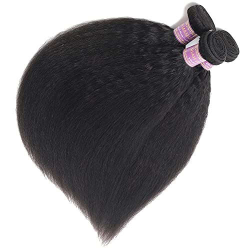 Kinky Straight Human Hair 3Bundles Natural Black Yaki Straigh Brazilian Virgin Remy Hair Grade 10A 100% Unprocessed Kinky Straight Human Hair Extensions (12 14 16 Inch, 3 Bundles)