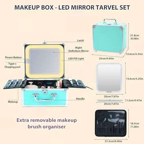 Makeup Organizer Box with Detachable Lighted Mirror, Travel Train Cosmetic Case, Adjustable Divider Storage Bag, Portable Artist Storage Suitcase with Magnetic LED Mirror (Light Pink)
