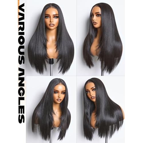 GORGIUS Black Straight Lace Front Wigs Pre Cut Glueless Layered Wig Middle Part Synthetic Frontal Wig with Natural Hairline 24 Inch
