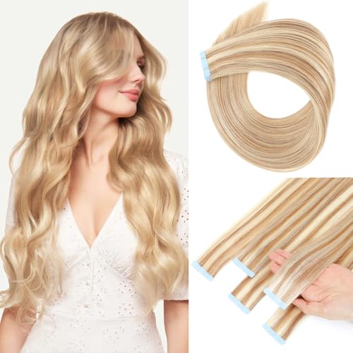 Tape in Hair Extensions Human Hair 100% Remy Hair 20pcs 50g/Pack Straight Seamless Invisible Skin Weft Extensions Easy to Apply and Style (Honey Blonde to Bleach Blonde,22 Inch)