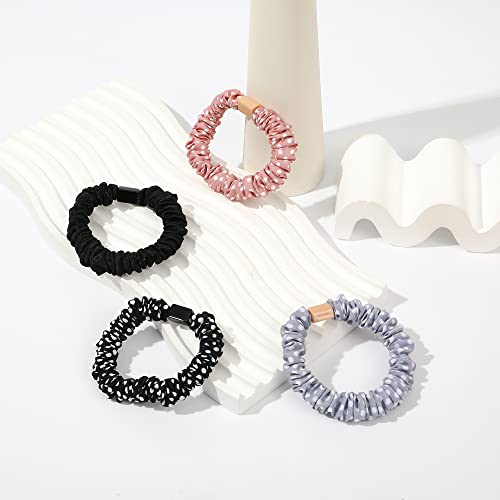 Hair Ties Silk Satin Scrunchies - Small Mini Thin Elestics Ponytail Holder Hair Bands Skinny Scrunchy For Thick Curl Hair No Crease Hair Ties Soft Accessories No Hurt Your Hair for Women and Girls (Bright series)
