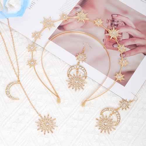 Halo Crown Moon Stars Goddess Crown Halo Headband Tiaras and Crowns Star and Moon Necklaces Earrings Headpiece for Women Boho Bridal Wedding (Gold)