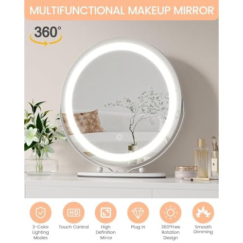 GAOMON Vanity Mirror with Led Lights, 19 Inches Touch Control 3 Color 2024 New Dimmable Makeup Mirror, 360¡ÆRotation Round Desk Mirror, Easy to Assemble (White)