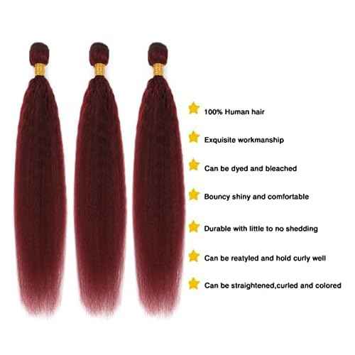 99j Brazilian Yaki Straight Human Hair 4 Bundles Yaki Human Hair Bundles 100% Virgin Kinky Straight Virgin Hair Extensions Women Girl Black Red (10 12 14)