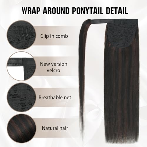 Ponytail Extension Human Hair 16 Inch Natural Black to Medium Brown Silky Straight Clip in Hair Extensions Wrap Around Ponytail Hair Piece for Girls(16 Inch Natural Black to Medium Brown #1BP4 85G)