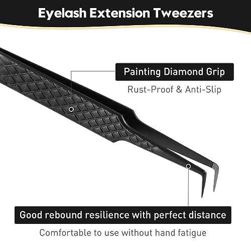 Ms.Queen Lash Tweezers for Eyelash Extensions, Diamond Grip 90 Degree Fiber Tip Volume Lash Extension Tweezers,Black