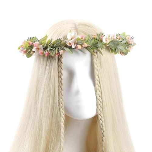 Pink Flower Crown Headband - Handmade Fairy Floral Headbands Green Leaf Flower Headpiece for Women Girls Bridal Renaissance Hair Accessories Birthday Vacation Festival Party Headwear