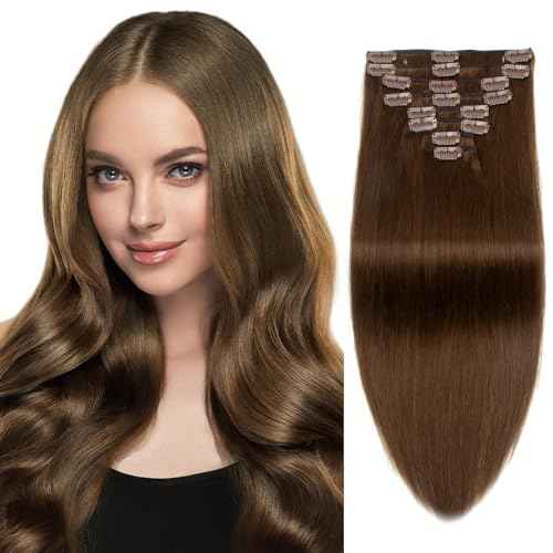 Clip in Hair Extensions Human Hair 100% Brazilian Virgin Human Hair 7pcs Per Set with 16Clips Double Weft (16 Inch, #4 Chotolate Brown)