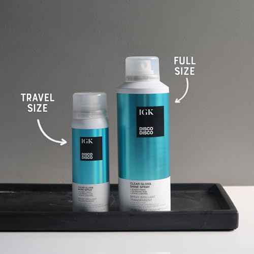 IGK Disco Disco Clear Gloss Hair Shine Spray | Full + Travel Size | Lightweight, High-Shine Finishing Hair Spray | 5.3 + 2.1 oz (Pack of 2)