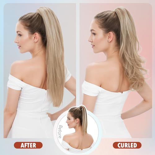 Hairro Claw Clip Ponytail Human Hair Extensions Jaw On Ponytails Remy Long Straight Jaw/Claw Clips Pony Tail Hairpieces For Women 14 Inch 105g #4P27 Medium Brown Mix Dark Blonde