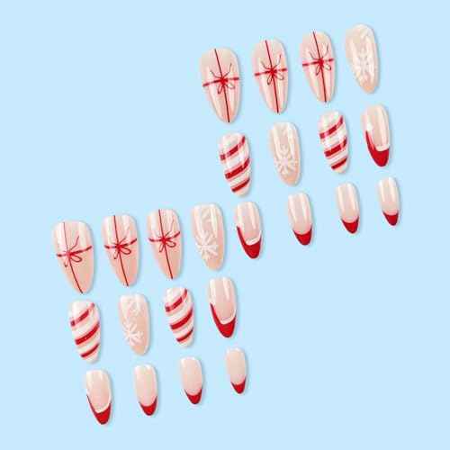 SINSEN Christmas Press on Nails Medium - Almond Fake Nails, Red French Tip False Nails With Designs, Full Cover Snowflake Glue on Nails for Women, 24Pcs (Santa Hat and Bowknot)