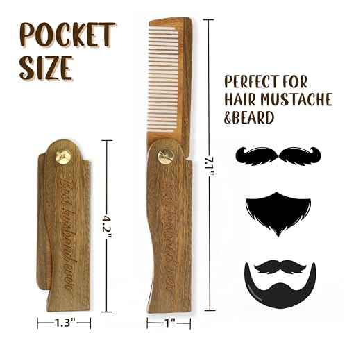 Wooden Beard Moustache Combs Folding Pocket Carving Hair Comb for Men with Adjustable Angle for Grooming Beard and Hair Gift for Husband
