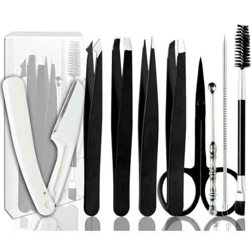 Tweezers Kit Tweezer for Women Facial Hair Removal Tweezers Professional Tweezers Set Eyebrow Tweezer, [9+1 PCS] Professional Stainless Steel Eyebrow for Women &Men,Black Beauty Sets