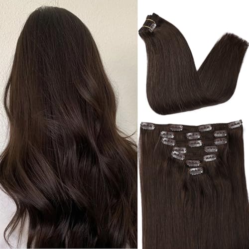 ORIGEN Clip in Hair Extensions Real Human Hair Clips ins Remy Hair Extensions for Women Full Head Dark Brown 120g 16 Clips 7 Pcs 16 Inches