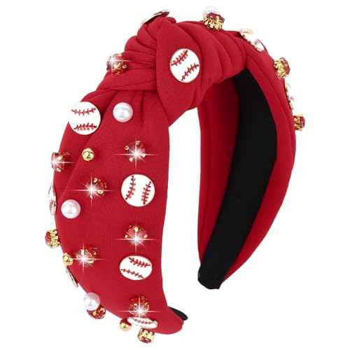 YARIEW Baseball Top Knot Headband for Women & Girls - Wide Knotted Jeweled Accessory for Game Day, Sports Fan, Mom, Halloween & Christmas Gifts (Red)