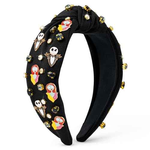 Halloween Christmas Headband for Women - Xmas Nightmare Spooky Ghost Knot Headbands Rhinestone Crystal Knotted Headband Embellished Wide Top Knot Hairbands Xmas Hair Accessories Outfits Party Gifts