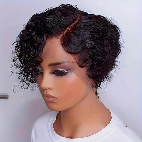 Short Curly Lace Front Wig for Black Women Human Hair Bob Wig Pre Plucked 13x4 Lace Wig Wavy Pixie Cut Wig 1B Color 150% Density