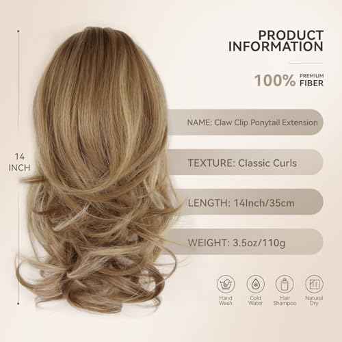 14 Inch Ponytail Extension - Wavy Pony Tails Hair Extensions, Claw Clip Ponytail Extension, Synthetic Hair Extensions Ponytail, Clip on Ponytails for Women (Light Brown With Beige Highlights)
