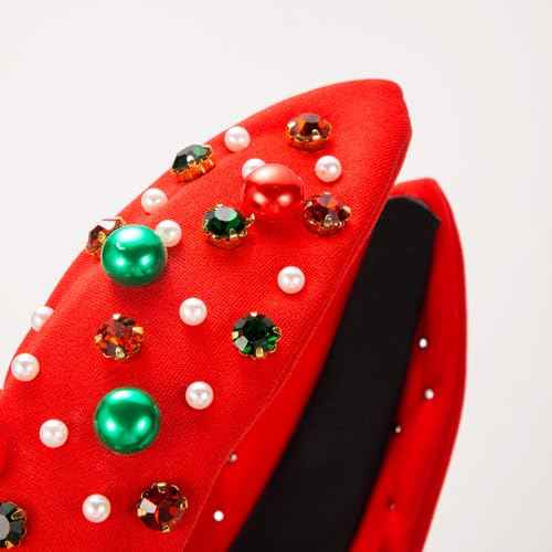 Christmas Headband for Women Red Green Pearl Rhinestone Crystal Jeweled Hairband Fashion Elegant Ladies Wide Knot Head Band Christmas Holiday Party Outfit Gifts
