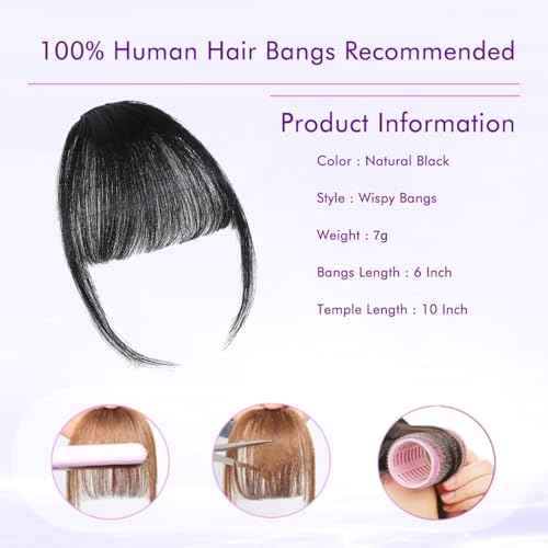 Clip in Bangs 100% Real Human Hair Extensions Wispy Natural Black Fake Bangs Hair Clip on bangs for women Fringe with Temples Hairpieces Faux Bangs for Daily Wear