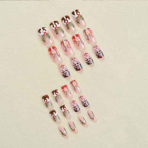 24Pcs Christmas Press on Nails Square Medium Length Fake Nails Cute Cartoon Elk Xmas Lights Stick on Nails Full Cover Acrylic False Nails with Design Winter Glue on Nails for Women DIY Christmas Nails