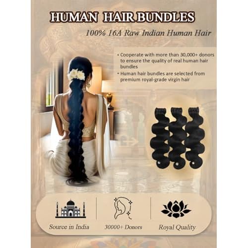 16A Raw Indian Human Hair Bundles 20 Inch Thick Raw Body Wave Bundles Human Hair Weave,4X Lifespan,100% Unprocessed Cuticle Aligned,Reusable Multiple Washes Keep Texture Silky Soft (Natural Black)