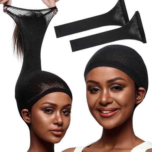Fandamei Wig Cap, Hair Net for Wigs for Women, 30 CM Large Mesh Wig Cap for Long Hair, Nylon Hair Net Non Slip for Halloween Rave Party Cosplay-Black 2 PCS