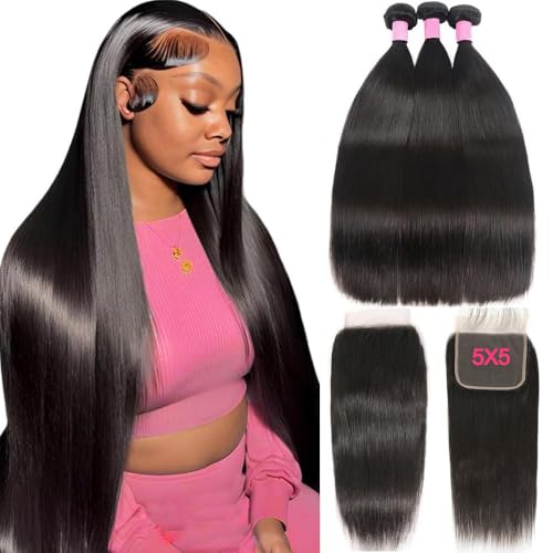 12A Straight Bundles Human Hair with 5x5 Closure 18 20 22+16 Inch Brazilian Human Hair Weave Bundles with 5x5 HD Lace Closure 100% Unprocessed Virgin Hair Extensions