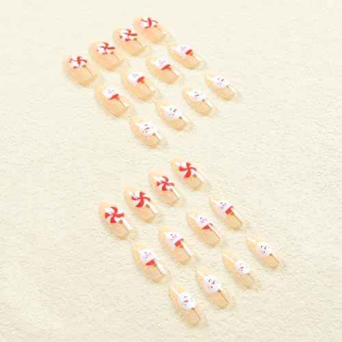 Christmas Press on Nails Almond Nude Fake Nails with White Snowman Design Glossy False Nails Acrylic Nails Full Cover Glue on Nails Stick on Nails for Women and Girls