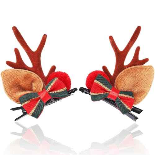 BARTOSI Christmas Hair Clip Reindeer Antlers Hair Clips Xmas Bow Hairpin Christmas Hair Accessories for Women and Girls (Pack of 2)