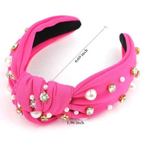 YISSION 1PC Crystal Pearl Knotted Headband for Women Non Slip Rhinestone Headband Wide Pearl Headbands for women Jeweled Embellished Hairband Hot Pink Head Band Hair Accessories for Women Girls
