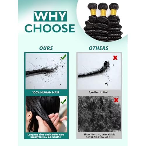 12A Deep Wave Human Hair Bundles 24 Inch Raw Curly Bundles Human Hair 100% Unprocessed 1 Bundles Brazilian Virgin Human Hair Extensions Quick Weave Natural Black Color