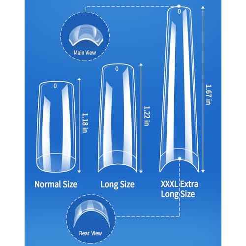 MORGLES 240 Pcs Half Cover Coffin Nail Tips Clear Acrylic Extra Long False Nail Tips with Glue, Clipper, Files and Cuticle Fork for Salons and Home DIY
