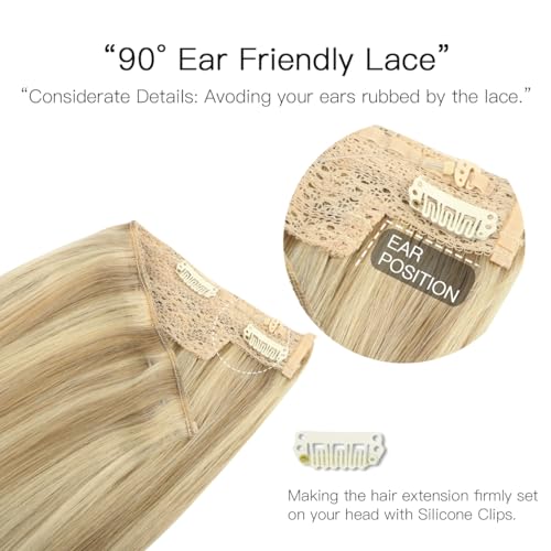 HOTBANANA Wire Hair Extensions, 18 inch 95g Light Blonde Highlighted Golden Blonde (Ash Tone) Fish Line Real Human Hair Straight Invisible Remy Hair Extensions
